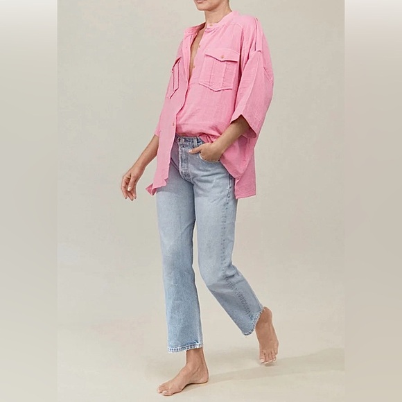 acacia swimwear Tops - Acacia Swimwear Van Shirt in Sweet Pea Pink Gauze Organic Cotton Button Down